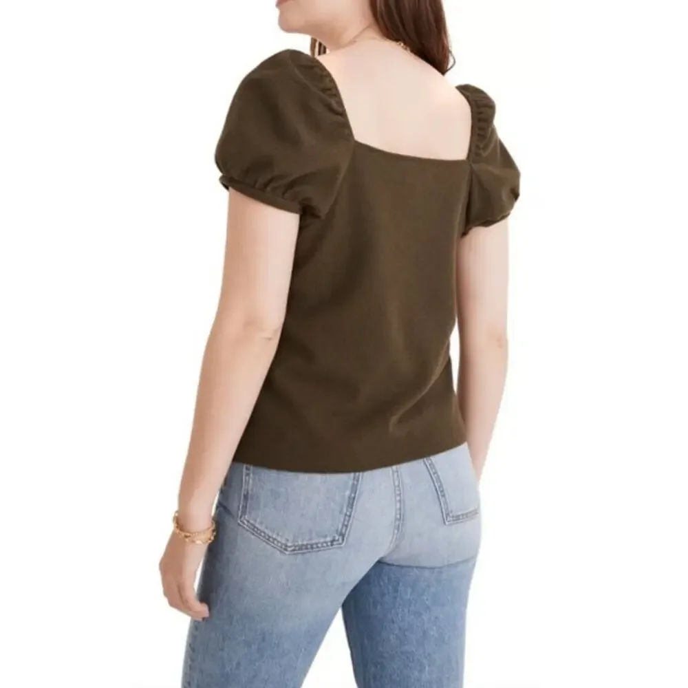 New MADEWELL Women's Deep Green Puff Sleeves Jacquard Square Neck Top Size S
